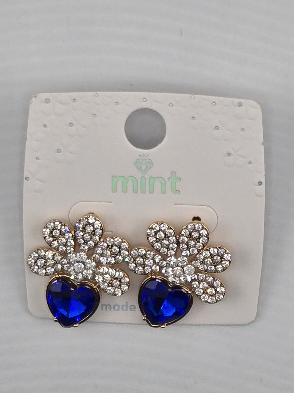 Mint Blue Heart Rhinestone Flower Statement Earrings Gold Tone
